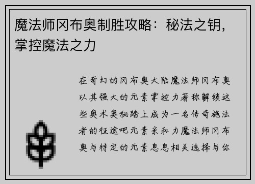 魔法师冈布奥制胜攻略：秘法之钥，掌控魔法之力